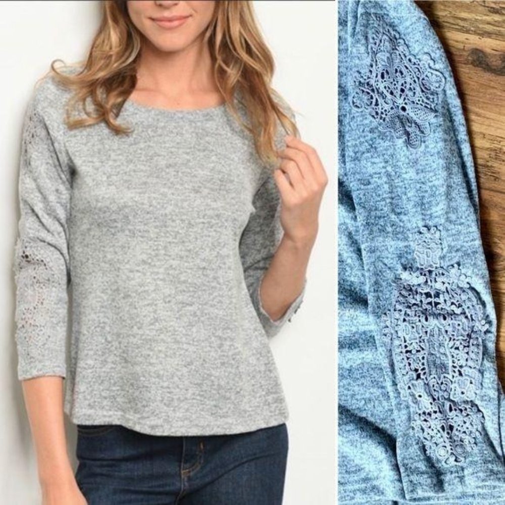Angela Fashion Grey Scoop Neck Embroidered Arm Knit Top Small